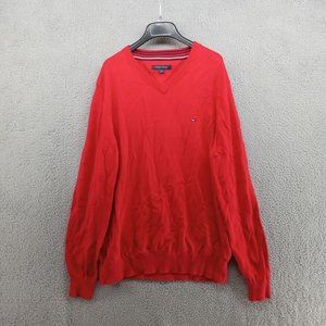 Tommy Hilfiger Sweater Mens Large Red V Neck Pullover Preppy Cotton Classicore‎